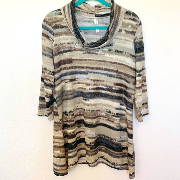 Long tunic top LG Cowl neck ¾ sleeve Per Seption Concept blouse Metallic threads - Picture 1 of 4